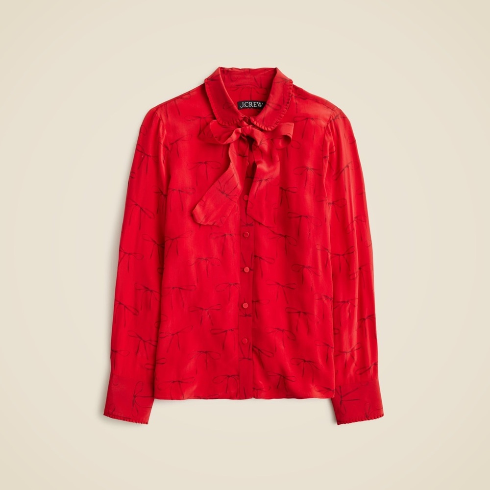 J.Crew Removable tie-neck button-up shirt in bow-print crepe de chine in Red